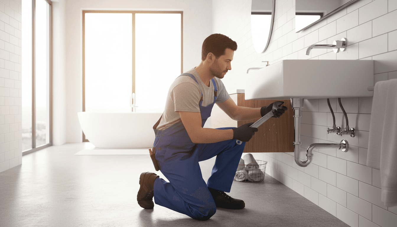 Professional plumber installing or repairing pipes in a clean residential bathroom