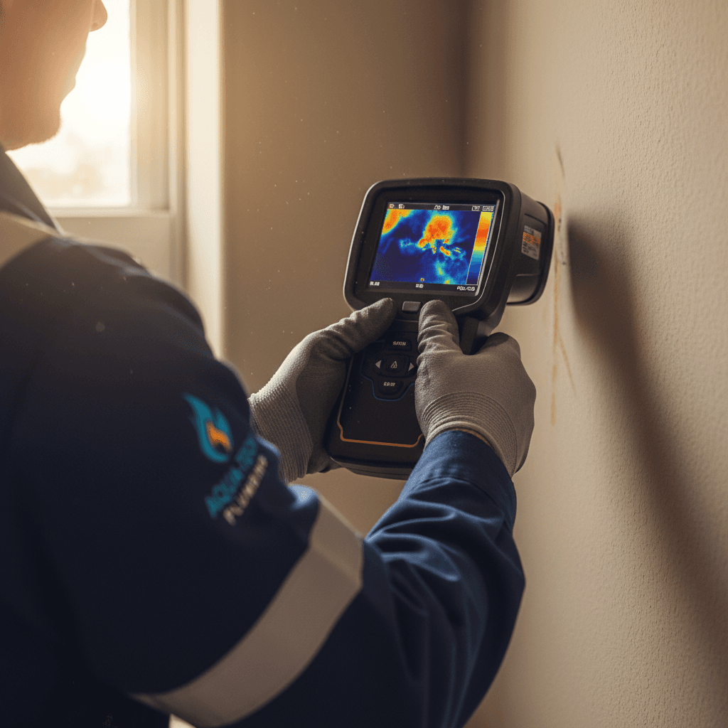 Plumber using thermal imaging camera to detect leaks, displaying heat signature on device screen