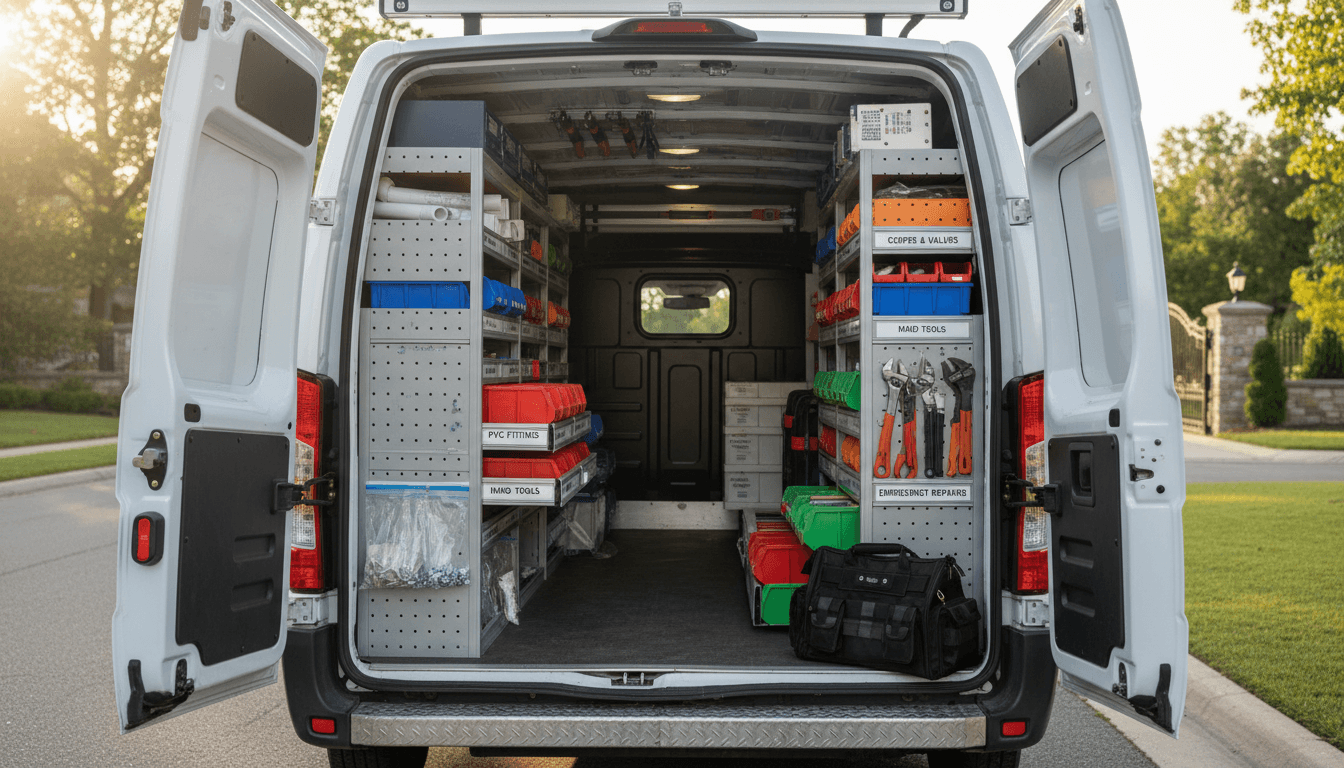 Organized plumber service van interior with shelved tools, pipes, fittings, and equipment ready for emergency calls