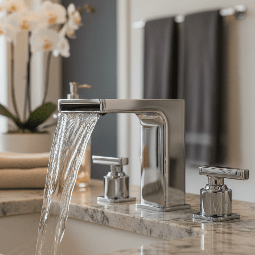 Close-up of polished chrome waterfall faucet with flowing water, mounted on marble countertop surface