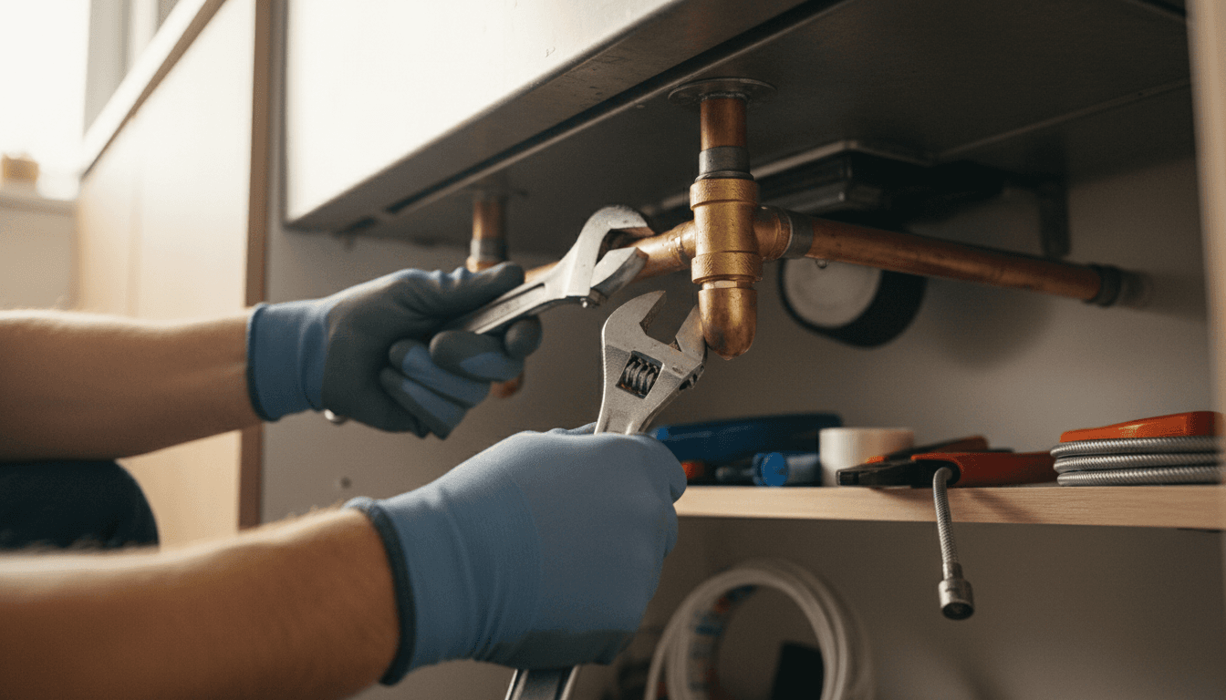 Plumber installing pipes in a residential kitchen