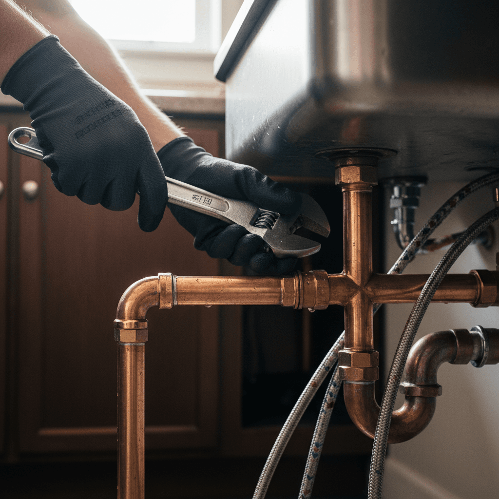 Experienced plumber installing pipes in a residential home