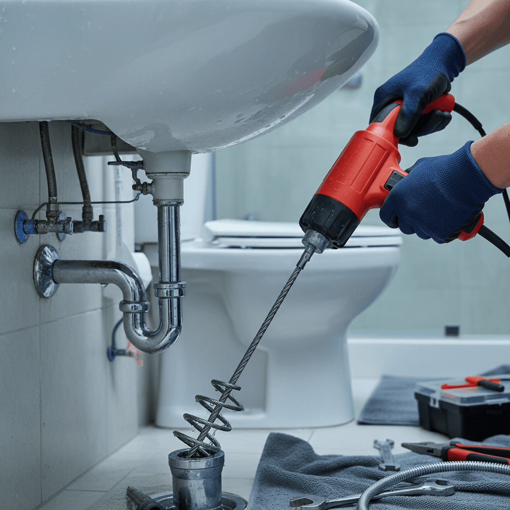 Plumber using motorized auger to unclog residential bathroom drain with hands-on precision