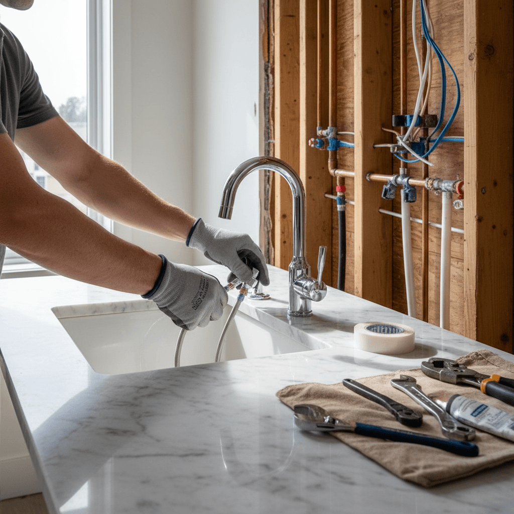 Plumber installing chrome faucet on marble bathroom sink during renovation project.