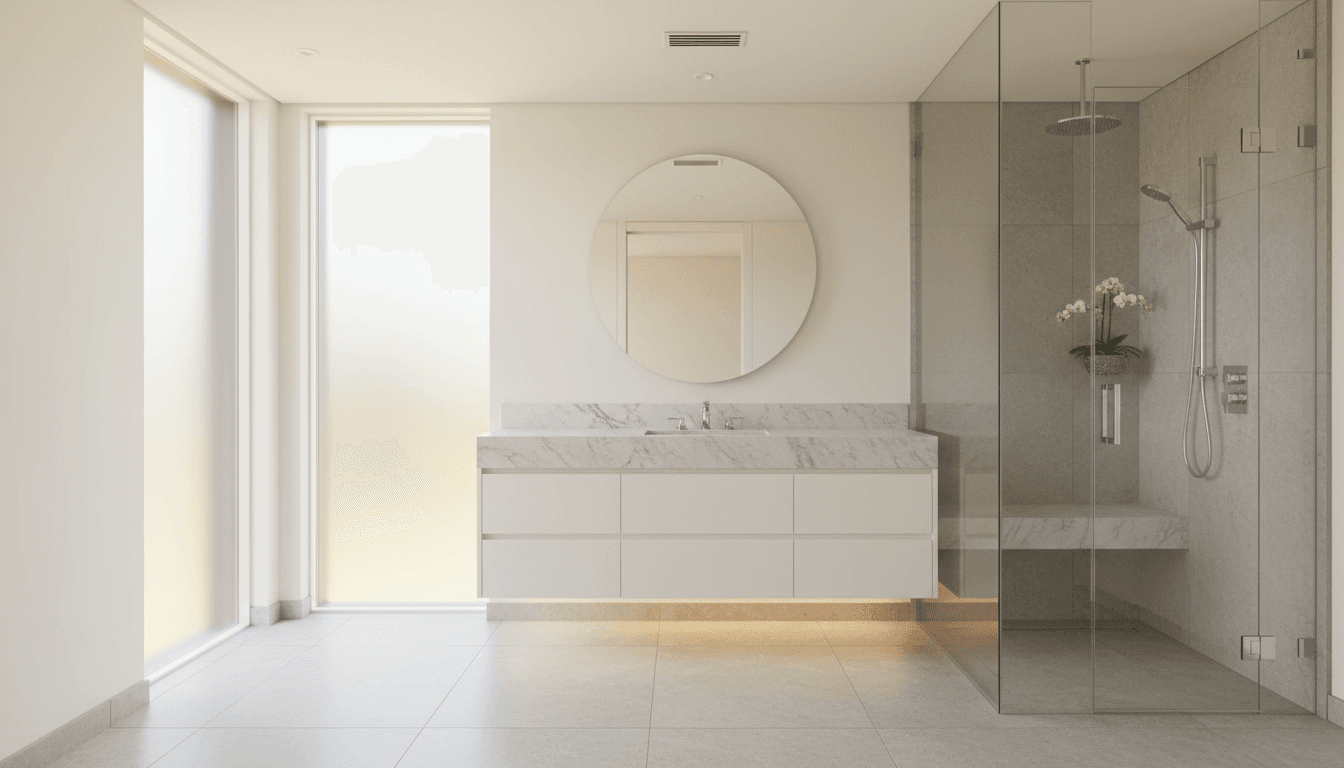 Bright, modern renovated bathroom featuring marble vanity, chrome fixtures, and frameless glass shower enclosure